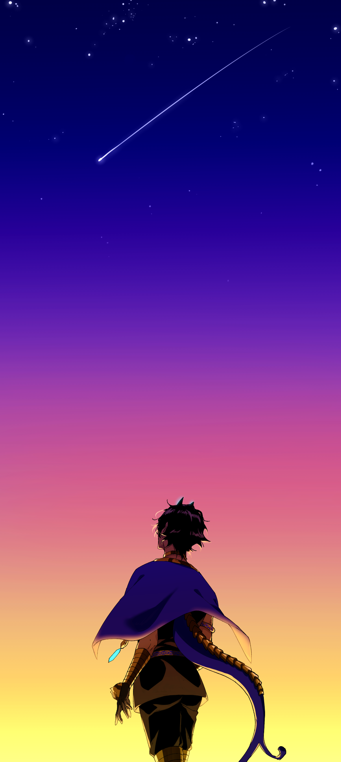 fuka (hk nemo), arjuna (fate), arjuna alter (fate), fate/grand order, fate (series), absurdres, highres, 1boy, armlet, black hair, blue cape, cape, dark-skinned male, dark skin, facing away, gloves, gradient sky, horns, jewelry, looking up, male focus, shooting star, short hair, sky, solo, star (sky), tail, upper body