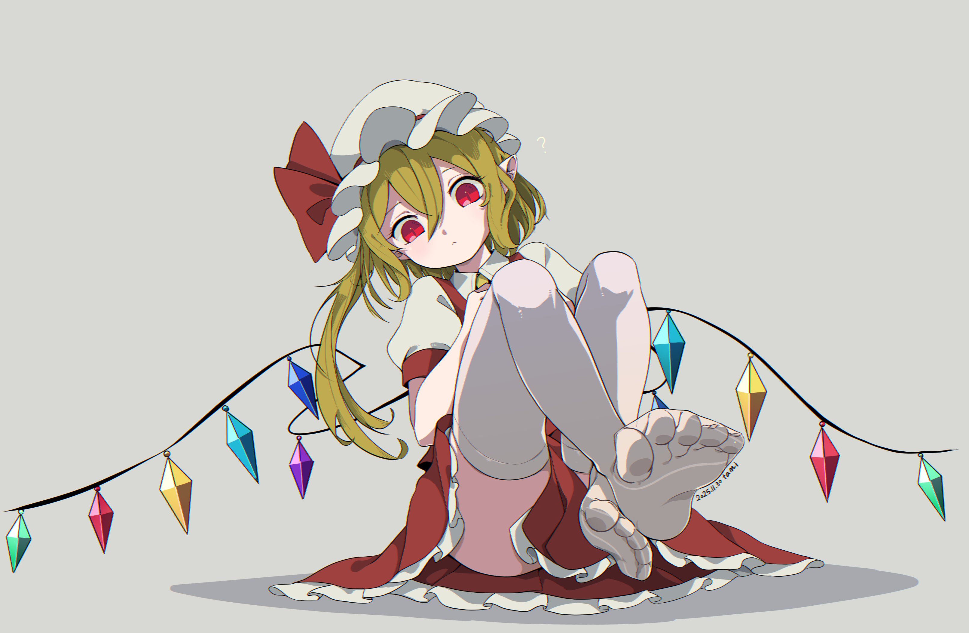 tami (joemanyodw), flandre scarlet, touhou, absurdres, commentary request, highres, 1girl, :<, artistic error, blonde hair, closed mouth, cowboy shot, dated, double-parted bangs, expressionless, feet, full body, grey background, hair between eyes, hat, hat ribbon, long hair, looking at viewer, mob cap, pointy ears, puffy short sleeves, puffy sleeves, red eyes, red ribbon, red skirt, red vest, ribbon, shirt, short sleeves, sitting, skirt, solo, thighhighs, thighs, vest, white hat, white shirt, white thighhighs, wings, wrong foot