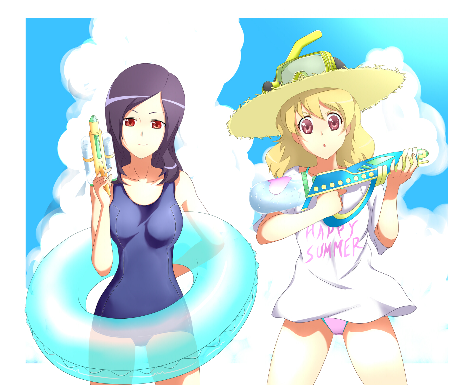 kani get, higashi setsuna, momozono love, fresh precure!, precure, highres, 00s, 2girls, blonde hair, brown eyes, gun, hat, innertube, long hair, multiple girls, one-piece swimsuit, purple hair, red eyes, swim ring, swimsuit, water gun, weapon