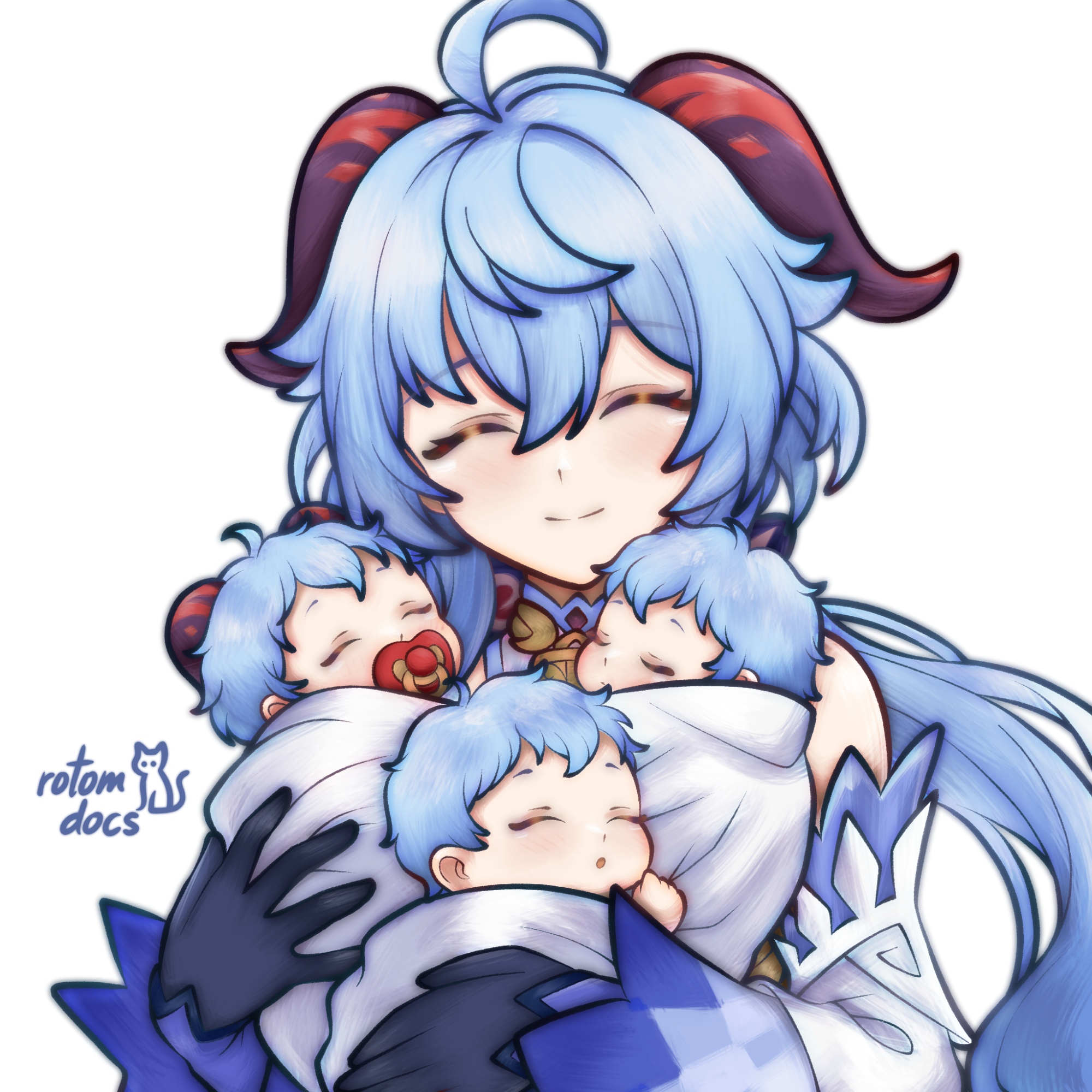 rotomdocs, ganyu (genshin impact), genshin impact, commentary, english commentary, highres, 1girl, 3others, ahoge, artist name, baby, blue eyes, closed eyes, gloves, goat horns, horns, if they mated, multiple others, simple background, smile, upper body, white background