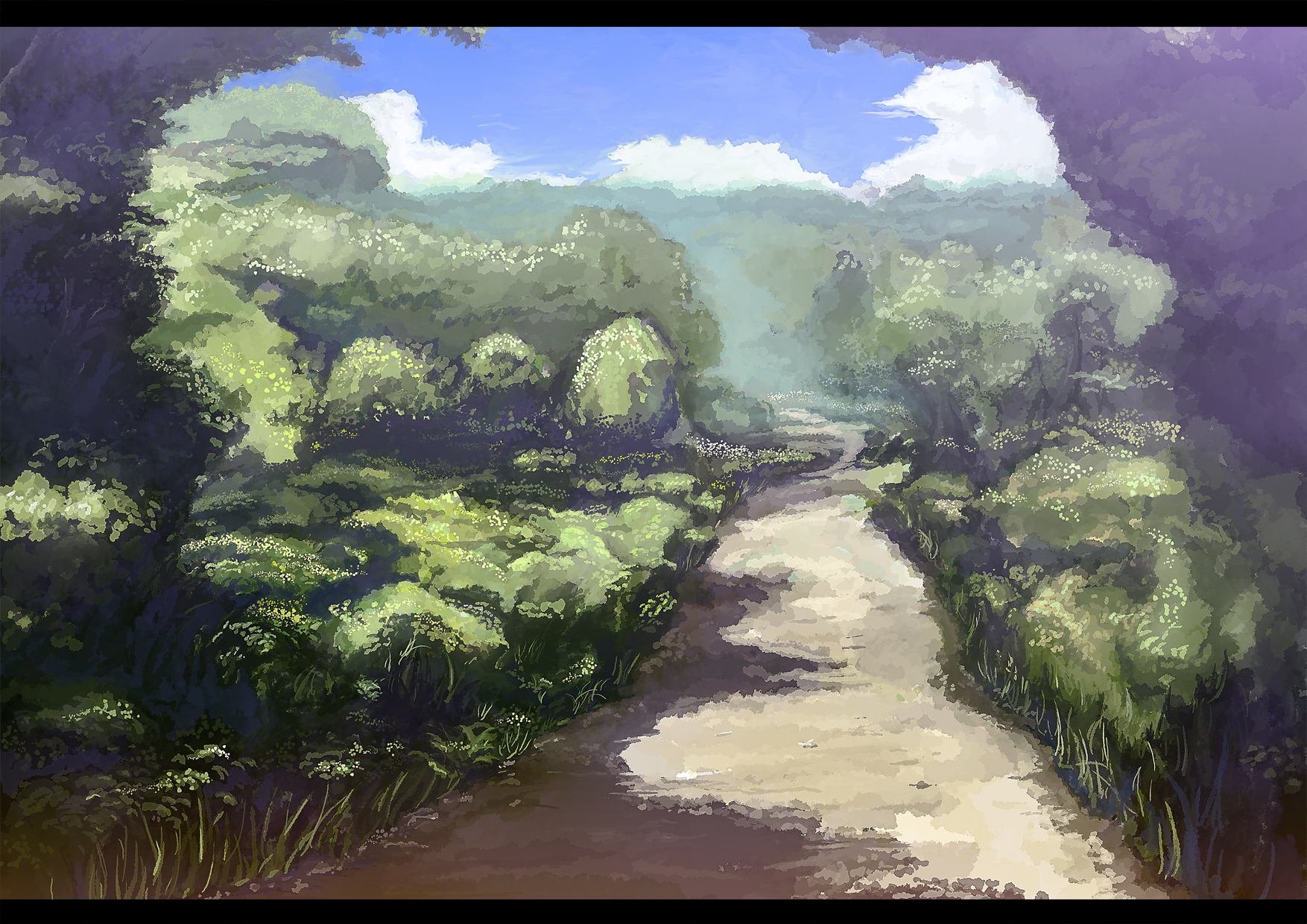 ryouma (galley), bad id, bad pixiv id, highres, forest, letterboxed, nature, road, scenery