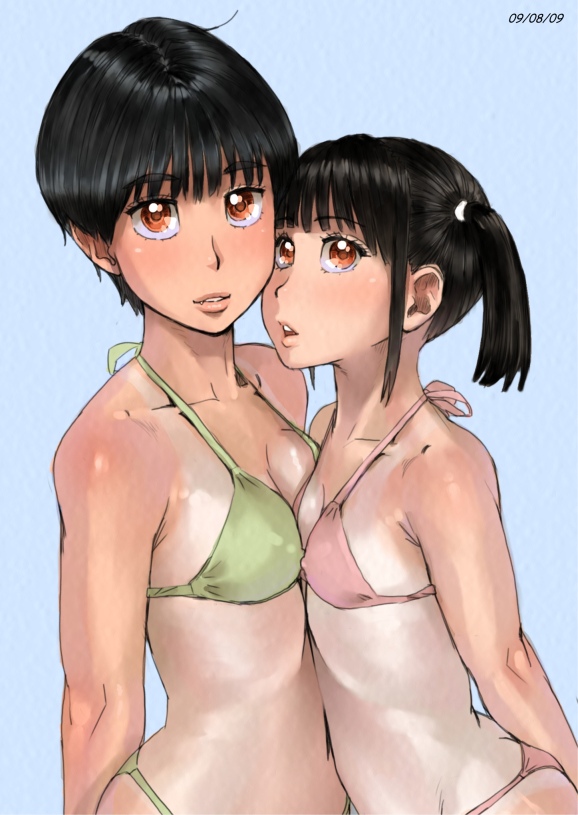 zenkou, ayumu (zenkou), chitose (zenkou), original, 2girls, bikini, black hair, blue background, blush, breast press, breasts, cheek-to-cheek, covered erect nipples, dated, green bikini, heads together, looking at viewer, multiple girls, nipples touching, one-piece tan, orange eyes, parted lips, pink bikini, short hair, simple background, small breasts, swimsuit, symmetrical docking, tan, tanline, twintails, yuri