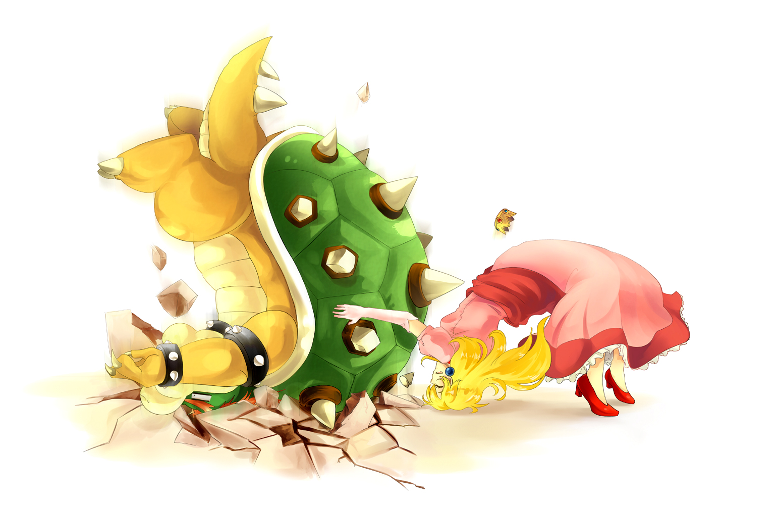 kayako (bimabima), bowser, princess peach, mario (series), nintendo, super smash bros., bad id, bad pixiv id, 1boy, 1girl, blonde hair, crown, dress, earrings, elbow gloves, german suplex, gloves, jewelry, long hair, suplex