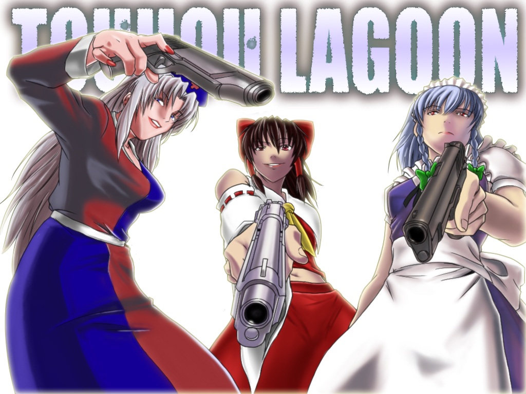copycat (dryfood), copycat (homura), hakurei reimu, izayoi sakuya, yagokoro eirin, black lagoon, shogakukan, team shanghai alice, touhou, silver hair, bad id, bad pixiv id, 3girls, beretta 92, blue eyes, bow, braid, brown hair, detached sleeves, female focus, gun, handgun, hat, japanese clothes, long hair, m1911, miko, multiple girls, nail polish, parody, pistol, red eyes, red nails, short hair, stechkin aps, twin braids, weapon