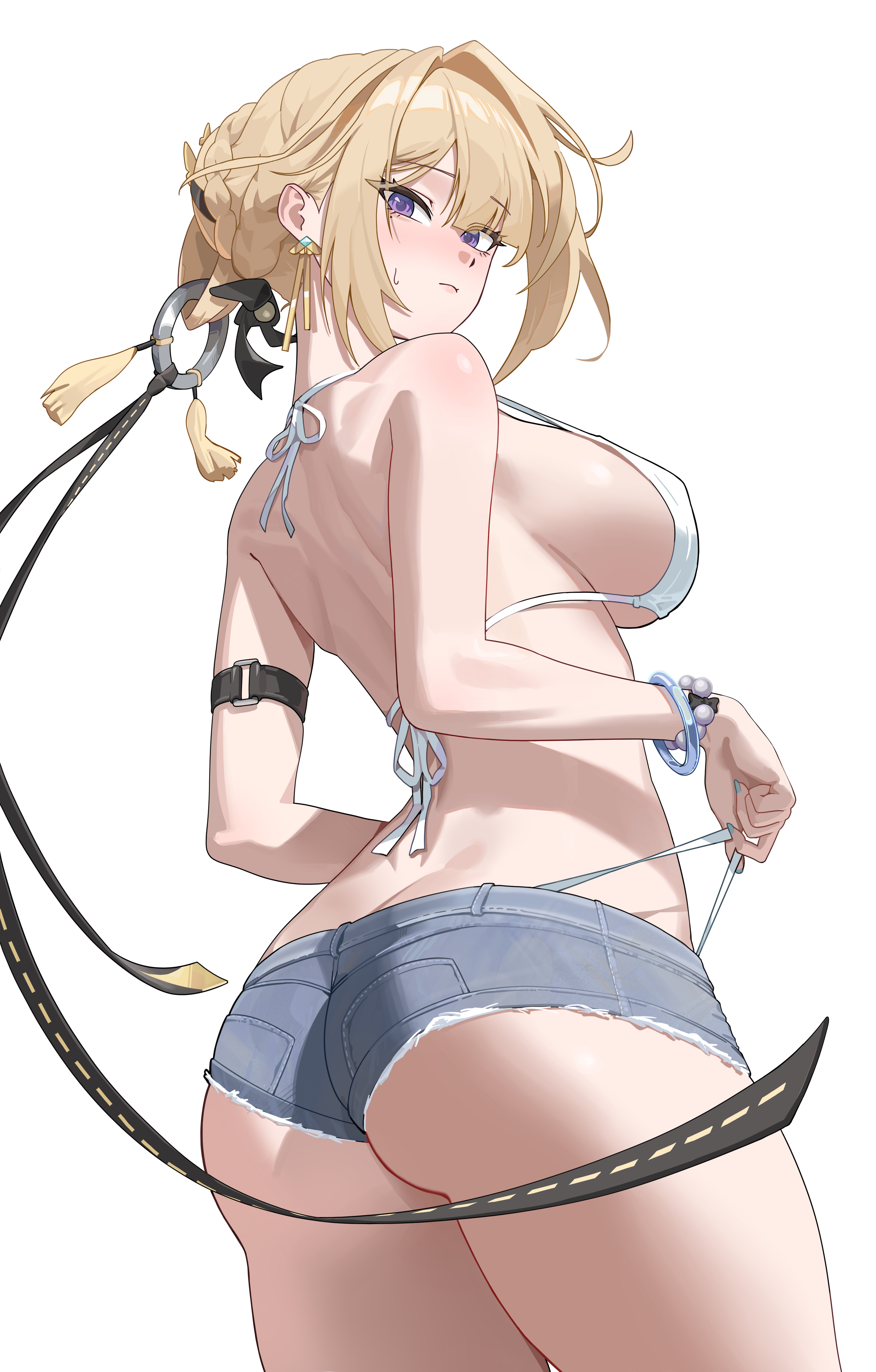 aiden (ofsb), evelyn chevalier, zenless zone zero, absurdres, commentary, highres, 1girl, alternate costume, aqua nails, arched back, arm strap, ass, bare arms, bare back, bare shoulders, bead bracelet, beads, bikini, bikini bottom lift, bikini bottom under shorts, bikini under clothes, black bow, black ribbon, blonde hair, blue shorts, blush, bow, bracelet, braid, breasts, bun with braided base, closed mouth, cowboy shot, cutoffs, denim, denim shorts, earrings, fingernails, from behind, from below, hair between eyes, hair bow, hair bun, hair intakes, hair ornament, hair ribbon, halterneck, hands up, jewelry, large breasts, looking at viewer, looking back, looking down, mole, mole under eye, nail polish, nose blush, panty straps, purple eyes, ribbon, ring hair ornament, short hair, short shorts, shorts, shoulder blades, sideboob, simple background, single hair bun, solo, standing, strap gap, string bikini, sweatdrop, swimsuit, tassel, tassel hair ornament, white background, white bikini