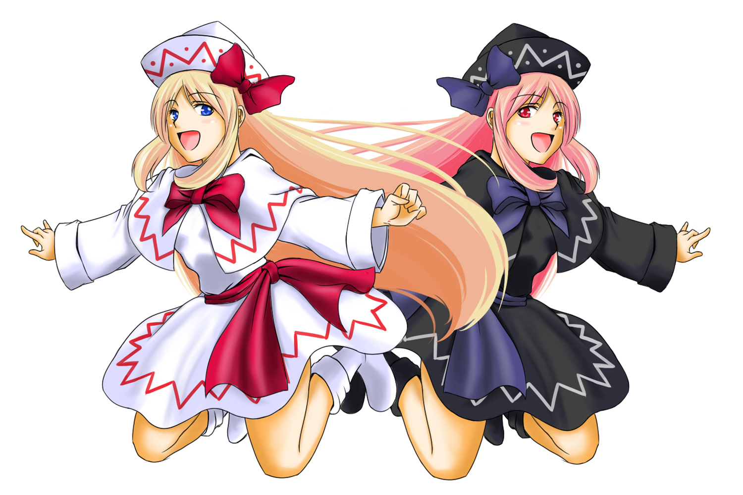 copycat (homura), lily black, lily white, team shanghai alice, touhou, bad id, bad pixiv id, 2girls, blonde hair, blue eyes, bow, dual persona, female focus, hat, long hair, multiple girls, red eyes