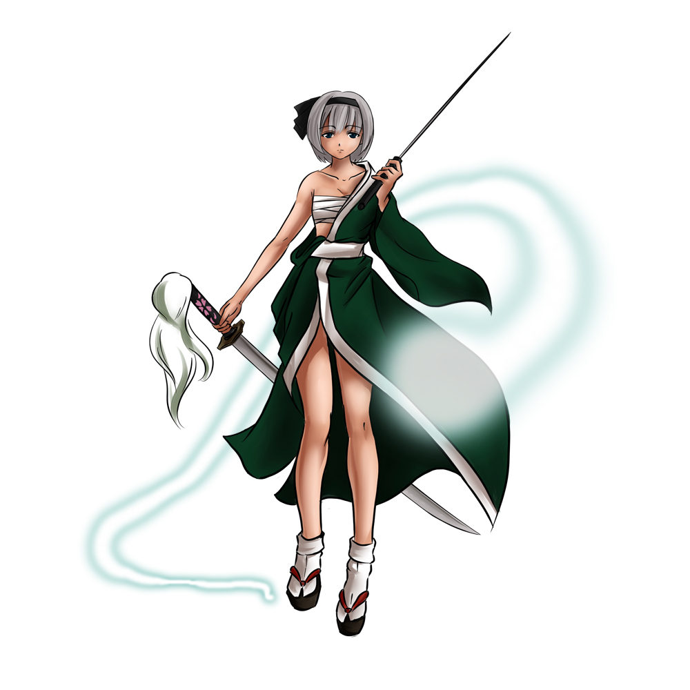 copycat (homura), konpaku youmu, konpaku youmu (ghost), team shanghai alice, touhou, silver hair, bad id, bad pixiv id, 1girl, blue eyes, clog sandals, dual wielding, female focus, ghost, hairband, hitodama, holding, japanese clothes, katana, kimono, sandals, sarashi, short hair, solo, sword, weapon, zouri