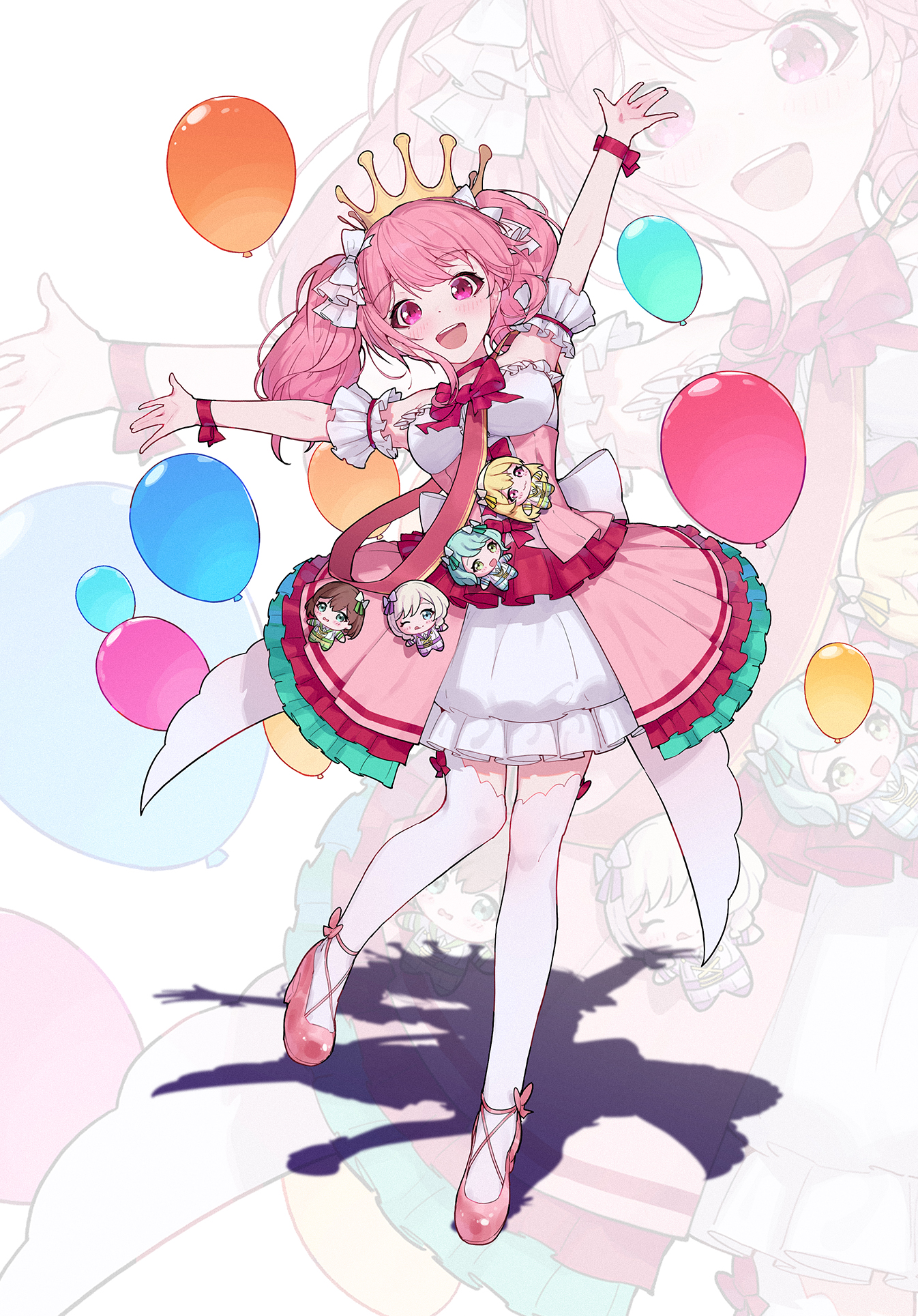 yun cao bing, maruyama aya, bang dream!, highres, 1girl, barefoot, blush, bow, bowtie, breasts, choker, crown, dress, frilled dress, frills, long hair, looking at viewer, medium breasts, open mouth, purple eyes, purple hair, red bow, red bowtie, red choker, shoes, solo, standing, standing on one leg, teeth, thighhighs, twintails, upper teeth only, white thighhighs, wrist cuffs, zettai ryouiki