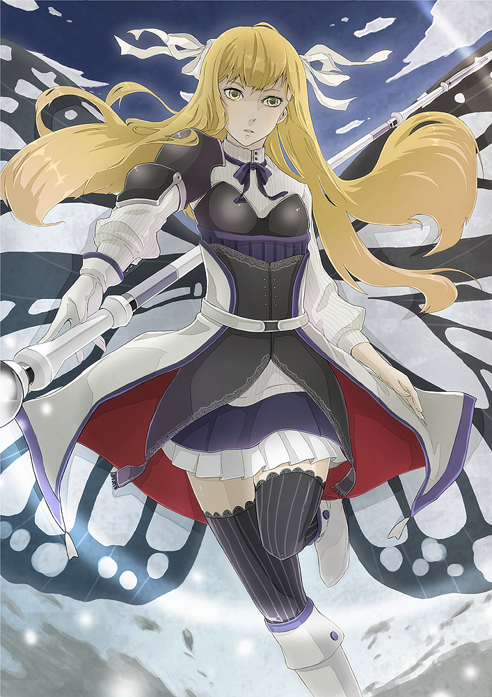 natuwaya, original, bad id, bad pixiv id, blonde hair, gloves, skirt, solo, thighhighs, yellow eyes, zettai ryouiki