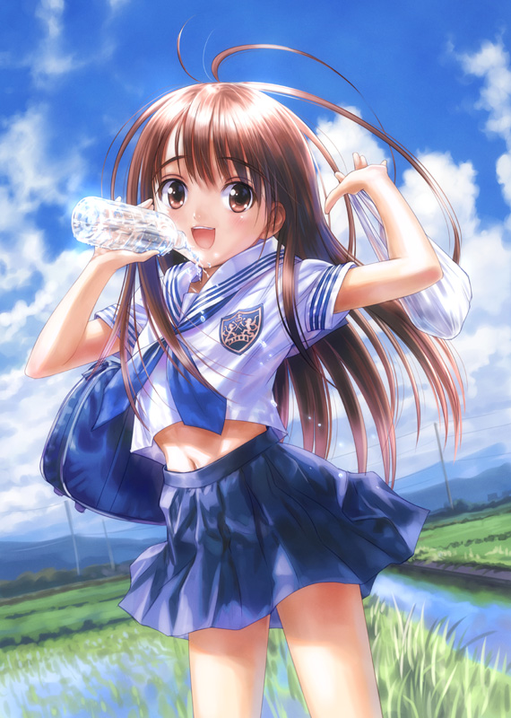 goto p, 1girl, ahoge, bottle, brown eyes, brown hair, day, female focus, huge ahoge, long hair, outdoors, school uniform, serafuku, solo, standing, very long hair, water bottle