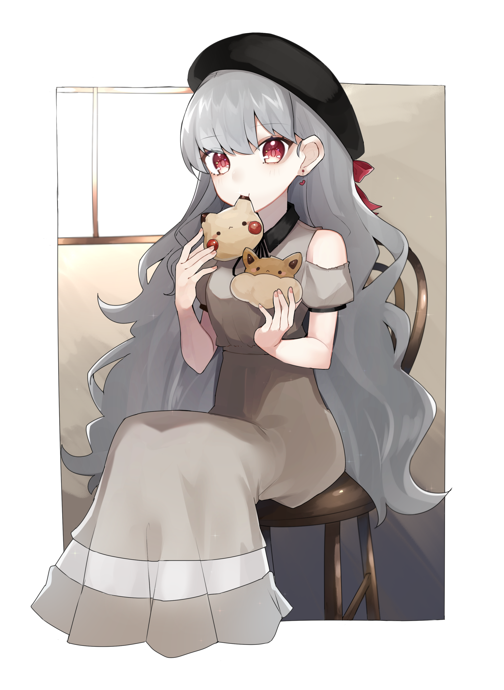 reirou (chokoonnpu), eevee, pikachu, nintendo, original, pokemon, absurdres, commentary request, highres, 1girl, black hat, border, chair, character-themed food, cropped legs, dress, earrings, gen 1 pokemon, grey dress, hat, jewelry, long hair, looking at viewer, pokemon (creature), red eyes, sitting, solo, very long hair, white border