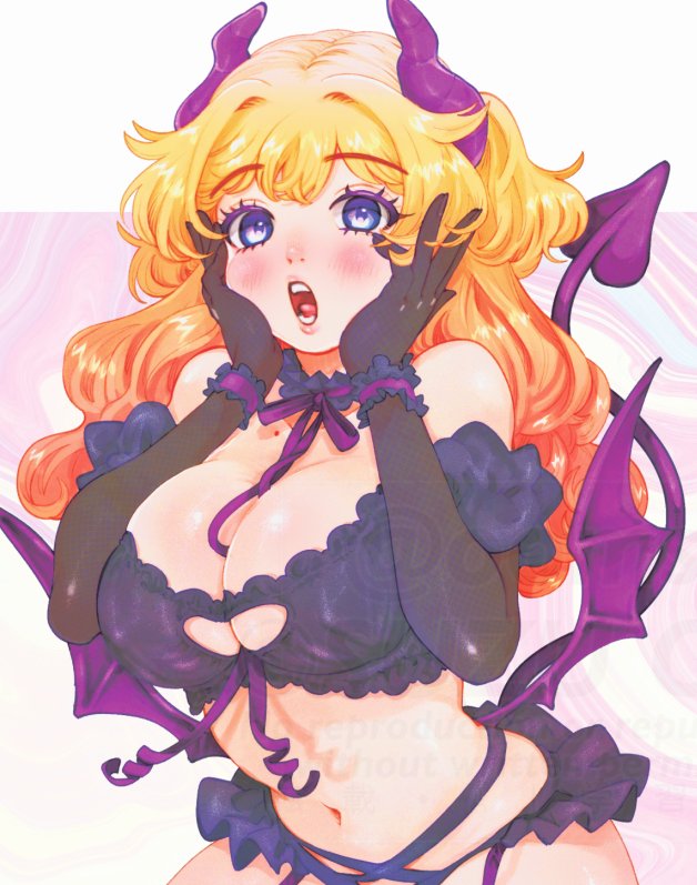 oomsz, koto mitsuha, filter-goshi no kanojo, official art, 1girl, bare shoulders, black gloves, blonde hair, blue eyes, blush, breasts, choker, cleavage, collarbone, crop top, cuffs, demon girl, demon horns, demon tail, demon wings, elbow gloves, frilled choker, frilled cuffs, frilled shirt, frills, gloves, halloween, halloween costume, hand on own face, horns, large breasts, long hair, mole, mole on collarbone, multicolored hair, navel, orange hair, pink background, purple choker, purple horns, purple shirt, purple tail, purple wings, shirt, tail, white background, wings, wrist cuffs