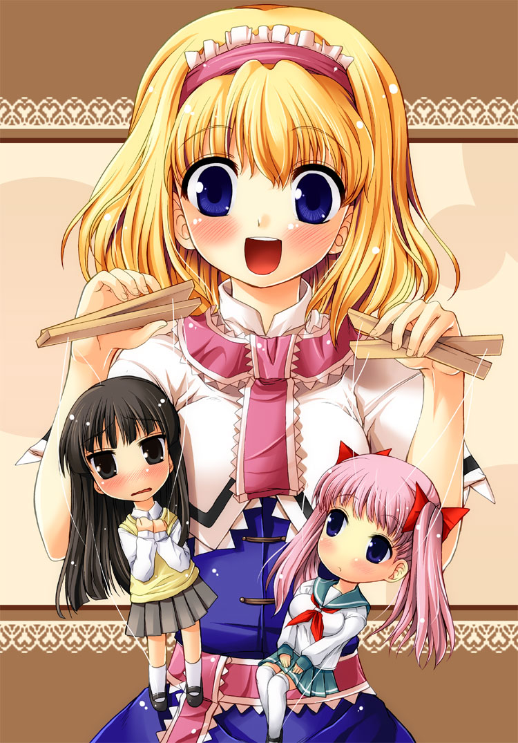 tilm, akiyama mio, alice margatroid, haramura nodoka, k-on!, saki (manga), touhou, 00s, 1girl, blonde hair, blue eyes, brown eyes, brown hair, character doll, crossover, doll, female focus, hairband, long hair, marionette, multiple crossover, pink hair, puppet, purple eyes, school uniform, serafuku, short hair, solo, string, thighhighs, twintails