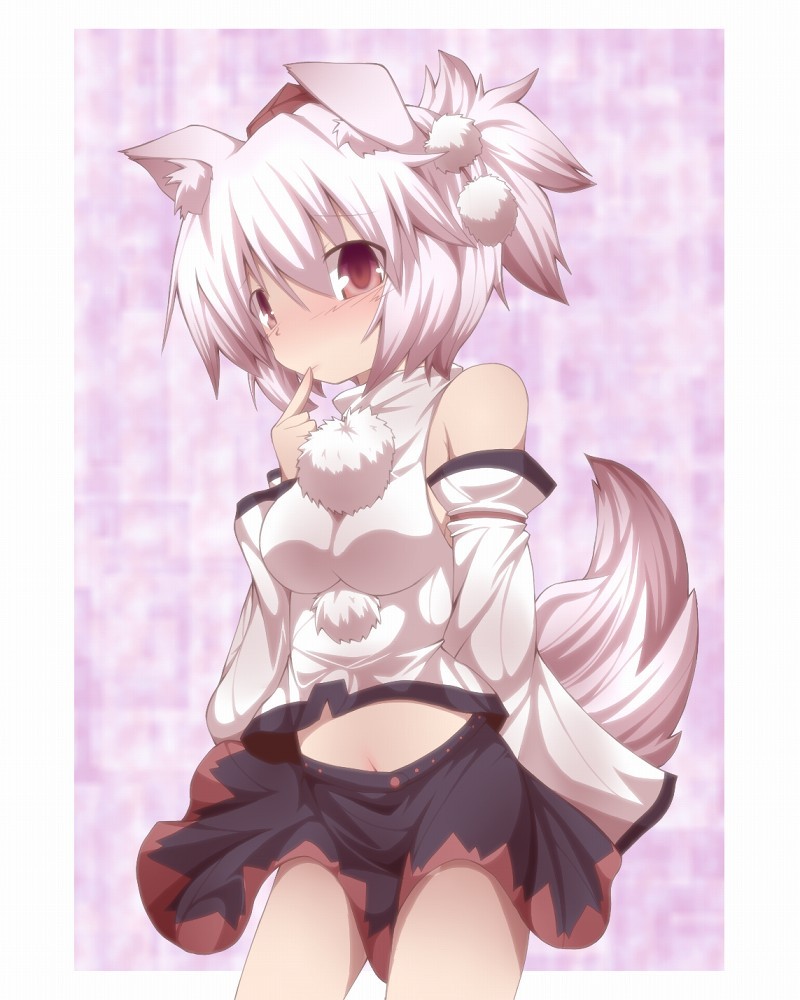 kuromiya, inubashiri momiji, touhou, silver hair, 1girl, animal ears, bare shoulders, breasts, detached sleeves, female focus, hat, midriff, navel, red eyes, short hair, solo, standing, tail, tokin hat, wolf ears, wolf tail