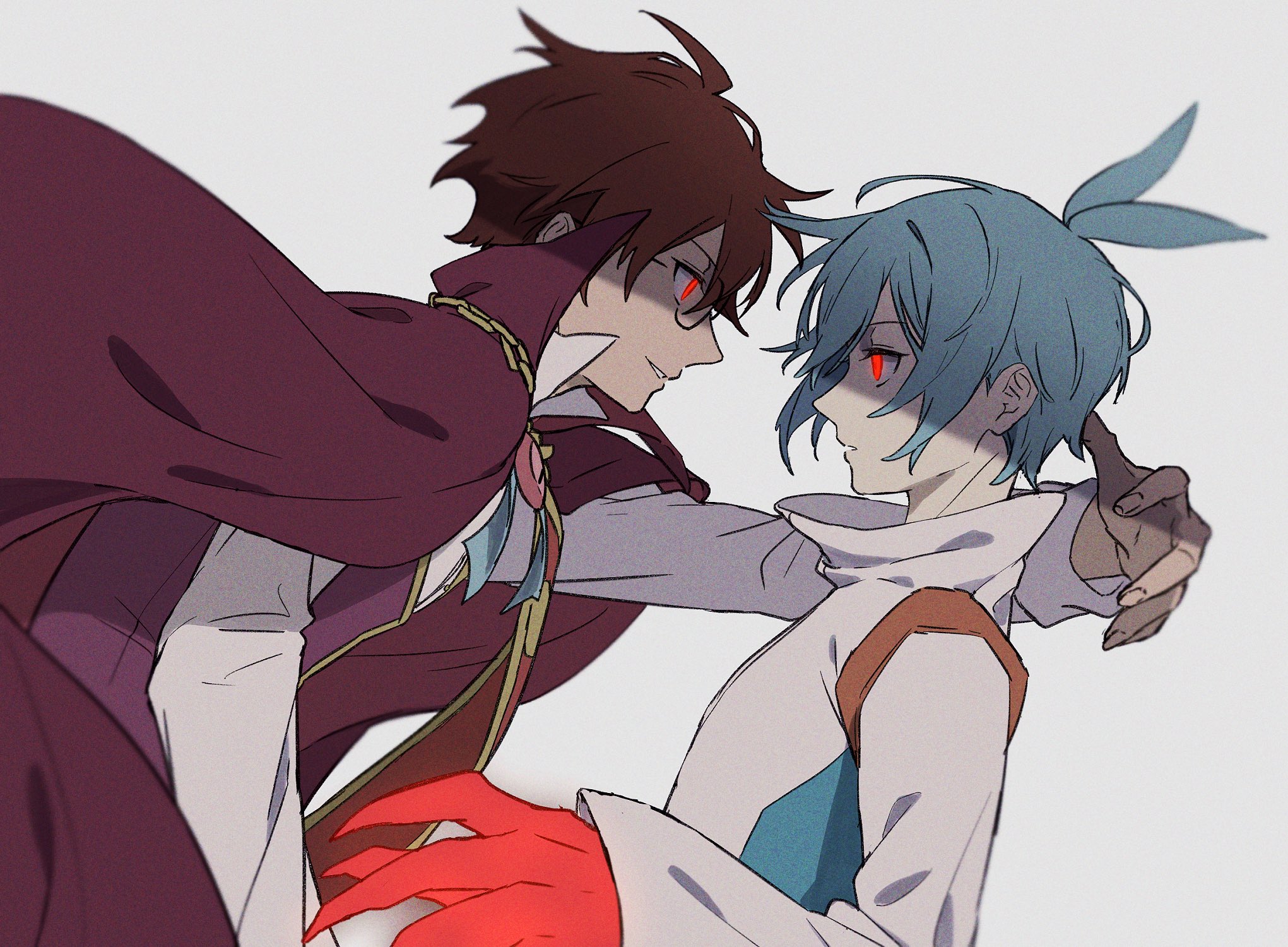 fuka (hk nemo), klug (puyopuyo), sig (puyopuyo), strange klug, puyopuyo, puyopuyo fever, commentary request, highres, 2boys, blue hair, blue ribbon, brown hair, cape, jacket, long sleeves, looking at another, male focus, multiple boys, parted lips, red eyes, ribbon, shirt, short hair, simple background, white jacket, white shirt, yaoi