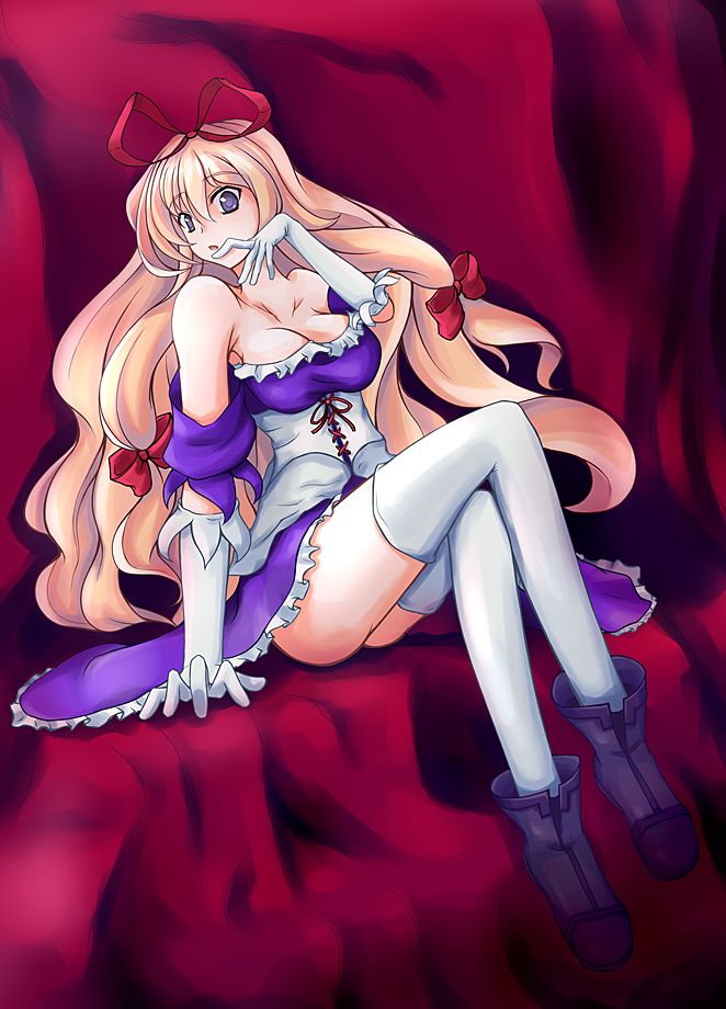 dacho, yakumo yukari, touhou, 1girl, bare shoulders, blonde hair, blue eyes, bow, breasts, cleavage, crossed legs, dress, elbow gloves, female focus, gloves, hair bow, large breasts, long hair, multiple hair bows, off shoulder, sitting, solo, thighhighs, white gloves