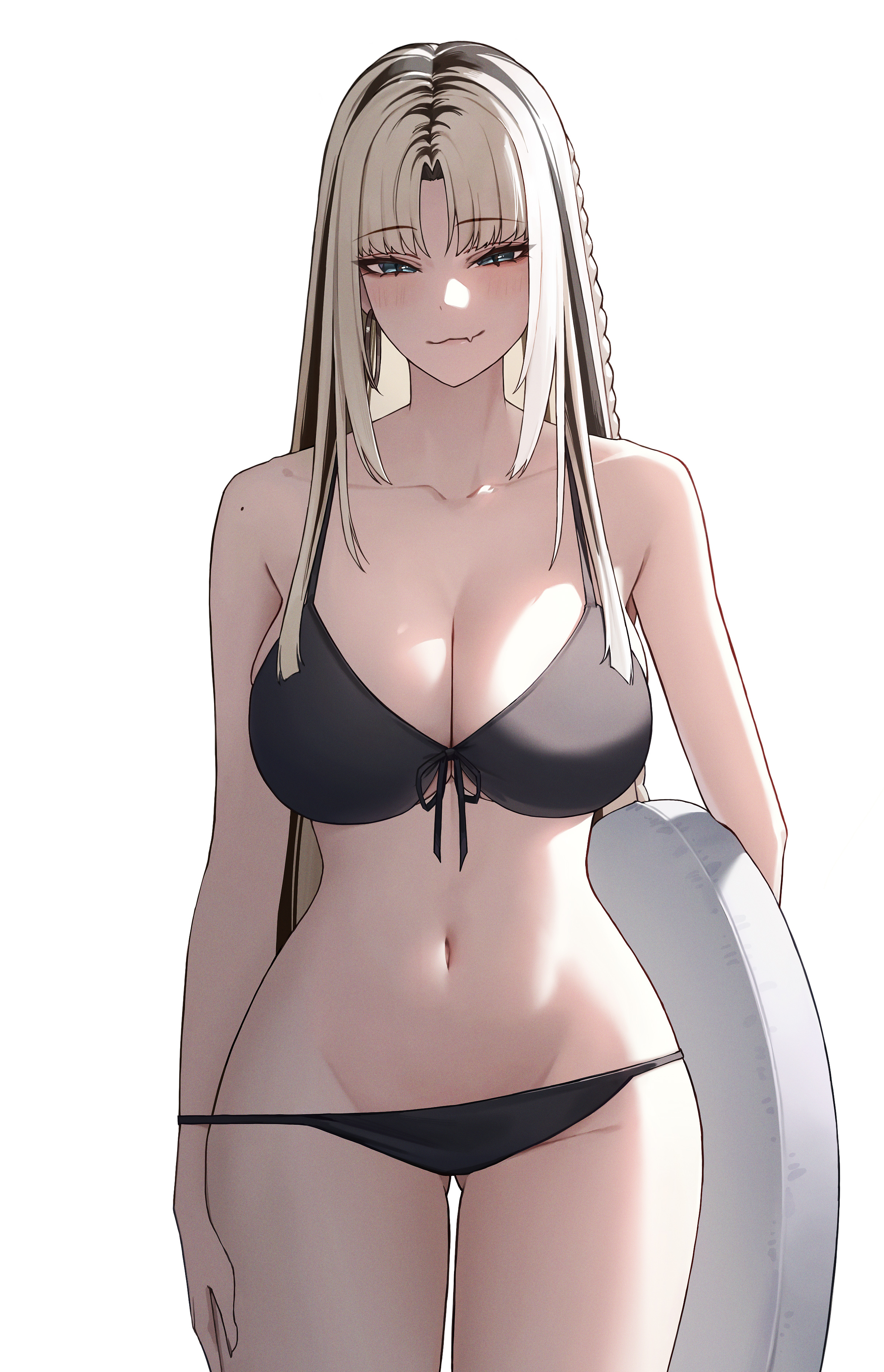 edwin62293123, koganei niko, hololive, hololive dev is, absurdres, hashtag-only commentary, highres, 1girl, :3, aqua eyes, bikini, black bikini, black streaks, blonde hair, braid, breasts, cleavage, cowboy shot, curtained hair, earrings, fang, front-tie bikini top, front-tie top, gluteal fold, holding, holding swim ring, hoop earrings, innertube, jewelry, large breasts, long hair, looking at viewer, navel, side braid, sidelocks, simple background, skin fang, solo, stomach, straight-on, straight hair, swim ring, swimsuit, virtual youtuber, white background
