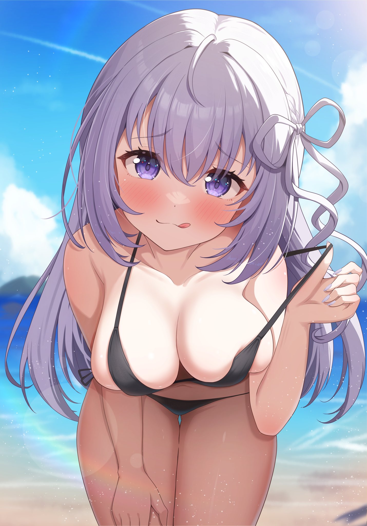 naito mare (vtuber), indie virtual youtuber, artist request, commentary request, highres, second-party source, 1girl, beach, bent over, bikini, black bikini, blush, breasts, choppy bangs, closed mouth, day, fingernails, grey hair, grey nails, grey ribbon, hair between eyes, hair ribbon, hand on own thigh, hanging breasts, large breasts, lens flare, long bangs, long hair, looking at viewer, nail polish, navel, outdoors, purple eyes, raised inner eyebrows, ribbon, side-tie bikini bottom, skindentation, solo, standing, strap pull, string bikini, swimsuit, tongue, tongue out, virtual youtuber
