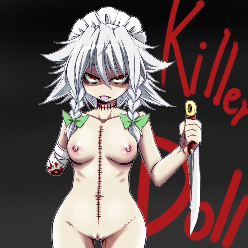 tajima yuuki, izayoi sakuya, touhou, silver hair, 1girl, :p, amputee, bags under eyes, bandages, blood, braid, breasts, english text, ero guro, female focus, guro, hip focus, knife, nipples, nude, pussy, scar, short hair, solo, stitched neck, stitches, tongue, tongue out, twin braids, uncensored, zombie