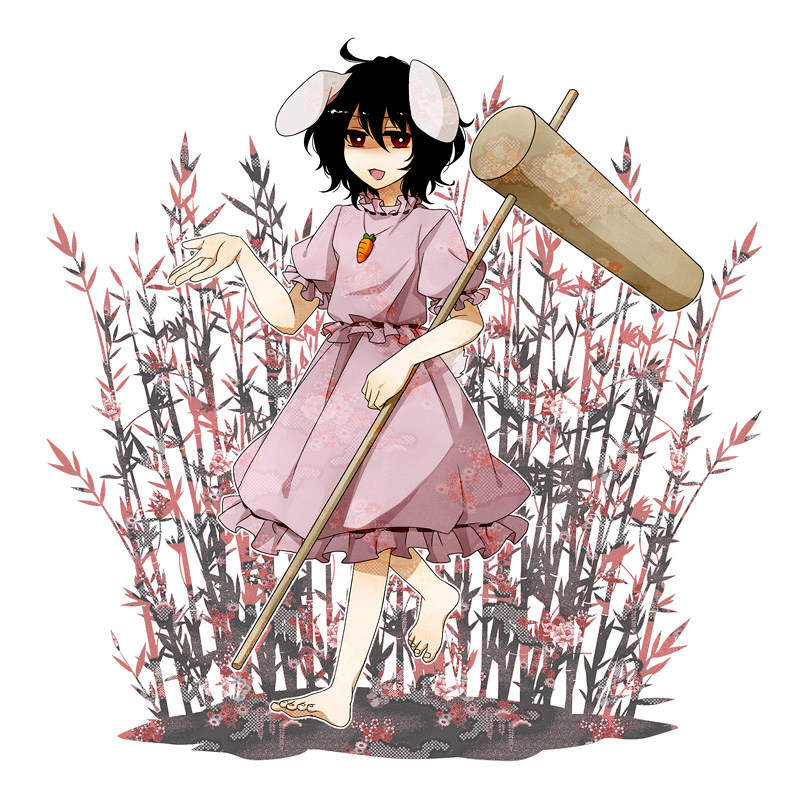 sezanu, inaba tewi, touhou, bad id, bad pixiv id, 1girl, :d, animal ears, barefoot, black hair, feet, female focus, full body, grin, hammer, open mouth, rabbit ears, red eyes, short hair, smile, solo, standing, walking