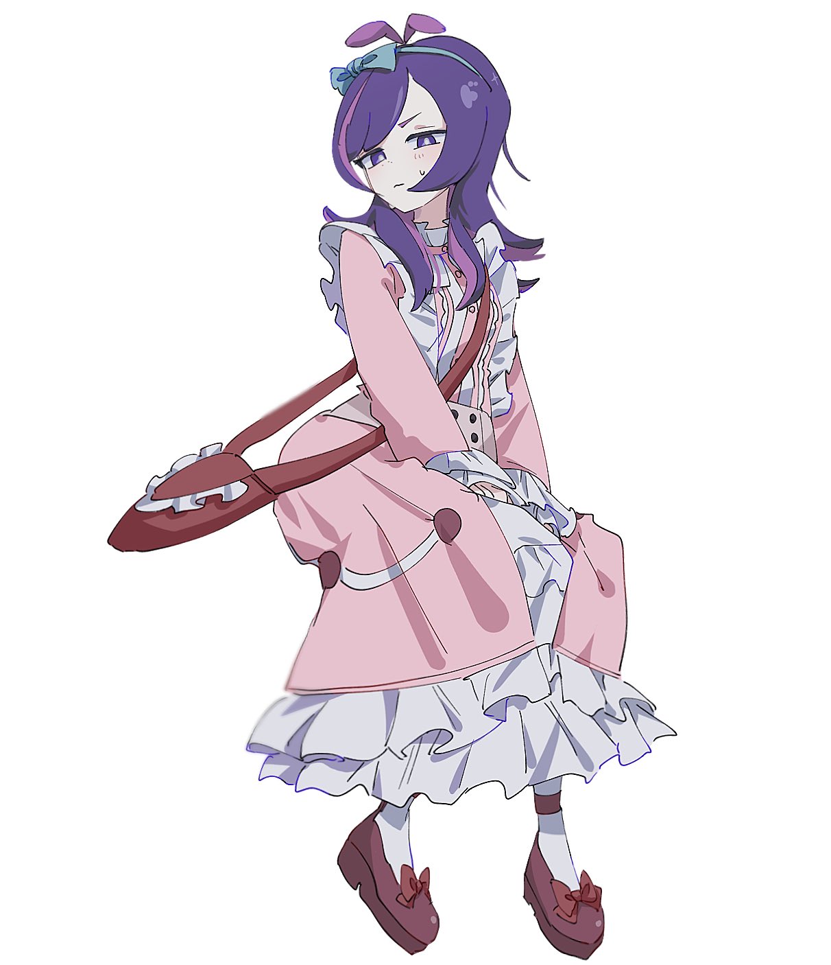 seiun (hoshigumo 72), dot (pokemon), nintendo, pokemon, pokemon (anime), pokemon horizons, highres, 1girl, bag, closed mouth, dress, frilled dress, frills, hair ribbon, holding, long hair, long sleeves, looking at viewer, multicolored hair, pink dress, pink hair, purple eyes, purple hair, ribbon, shirt, simple background, sitting, socks, solo, sweatdrop, white background