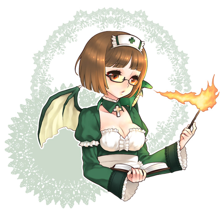 tooru, follett (deathsmiles), cave (developer), deathsmiles, bad id, bad pixiv id, 1girl, bob cut, book, breasts, breath weapon, breathing fire, brown hair, cleavage, dragon, dragon girl, dragon wings, female focus, fire, glasses, monster girl, orange eyes, solo, wings