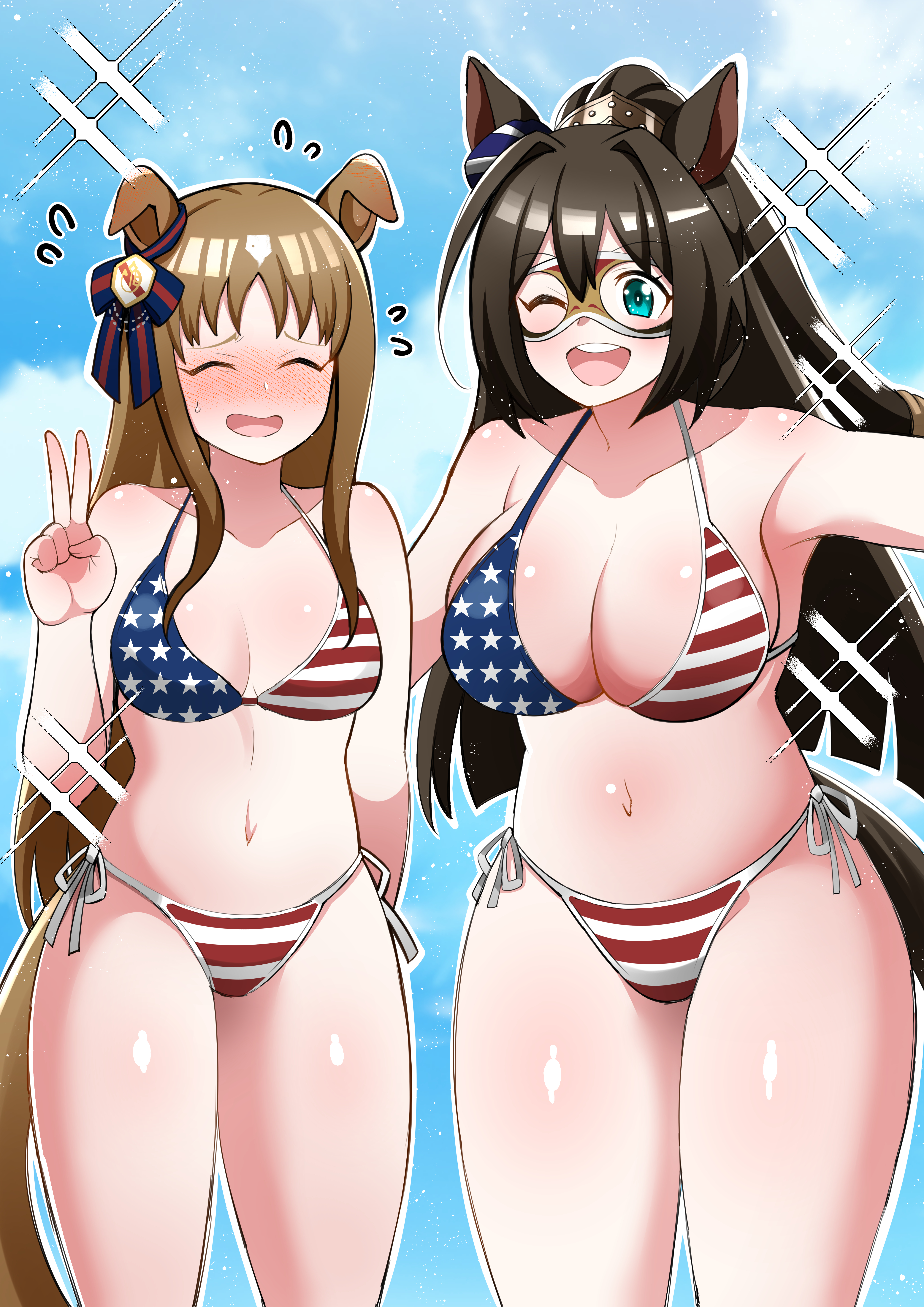 aramori susumu, el condor pasa (umamusume), grass wonder (umamusume), umamusume, absurdres, commentary, highres, 2girls, american flag, american flag bikini, american flag print, animal ears, bikini, blue sky, blush, breasts, brown hair, closed eyes, day, domino mask, ear ornament, eye mask, flag print, flag print bikini, flying sweatdrops, hand up, high ponytail, horse ears, horse girl, horse tail, large breasts, long hair, mask, medium breasts, multiple girls, navel, nose blush, ocean, one eye closed, open mouth, outdoors, ponytail, print bikini, side-tie bikini bottom, sky, smile, swimsuit, tail, teeth, thighs, upper teeth only, v, water