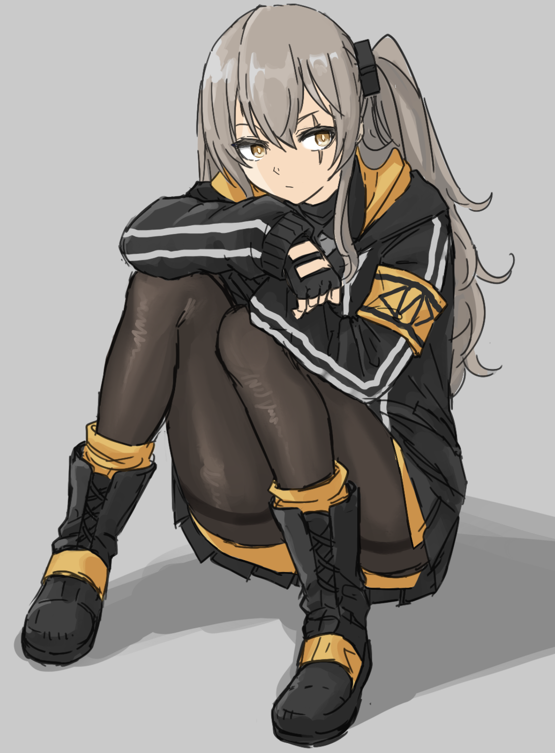 fuku (fuku12290574), ump45 (girls' frontline), girls' frontline, commentary, highres, 1girl, 404 logo (girls' frontline), armband, averting eyes, black boots, black gloves, black jacket, black pantyhose, black skirt, boots, brown eyes, double-parted bangs, fingerless gloves, full body, gloves, grey background, grey hair, hair between eyes, hood, hood down, hooded jacket, jacket, layered skirt, long hair, long sidelocks, one side up, pantyhose, pleated skirt, scar, scar across eye, scar on face, shadow, sidelocks, simple background, sitting, sketch, skirt, solo, thighband pantyhose, two-sided fabric, two-sided jacket, yellow armband, yellow jacket, yellow skirt