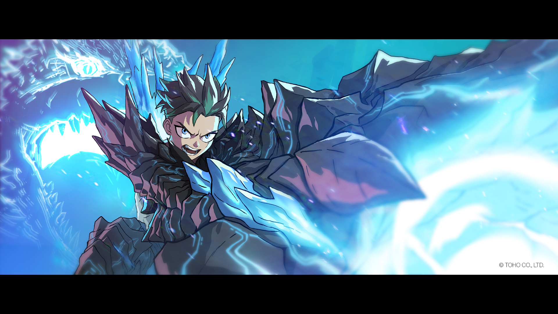 godzilla, godzilla (series), igloo studio, orange (company), toho, character request, concept art, copyright request, official art, 1boy, black hair, blue eyes, energy, energy ball, giant, giant monster, glowing, glowing eyes, glowing spikes, glowing veins, kaijin, letterboxed, monster, monster boy, neon trim, open mouth, sharp teeth, short hair, spikes, spirit, teeth, tongue, veins