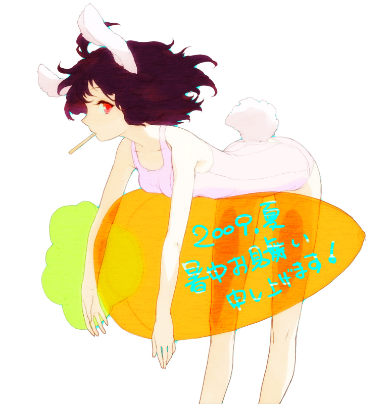 egawa satsuki, inaba tewi, touhou, 1girl, animal ears, bent over, breast press, brown hair, carrot, female focus, mouth hold, one-piece swimsuit, popsicle stick, rabbit ears, rabbit girl, rabbit tail, red eyes, short hair, solo, swimsuit, tail, transparent