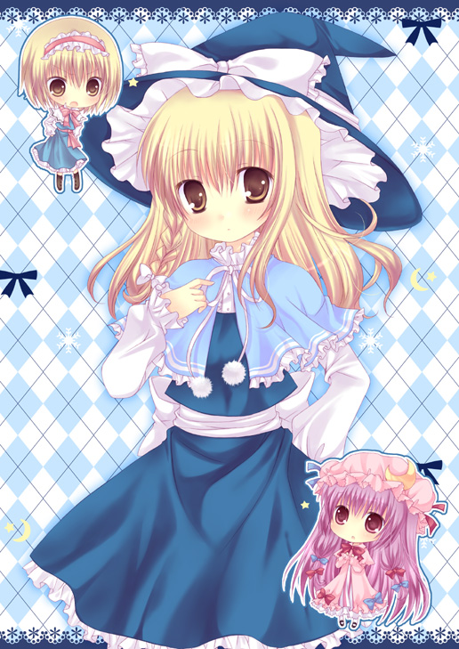 mizuse ruka, alice margatroid, kirisame marisa, patchouli knowledge, touhou, bad id, bad pixiv id, 3girls, blonde hair, blue dress, blunt bangs, blush, breasts, capelet, chibi, dress, female focus, hairband, long hair, looking at viewer, mini person, minigirl, multiple girls, short sleeves, tareme