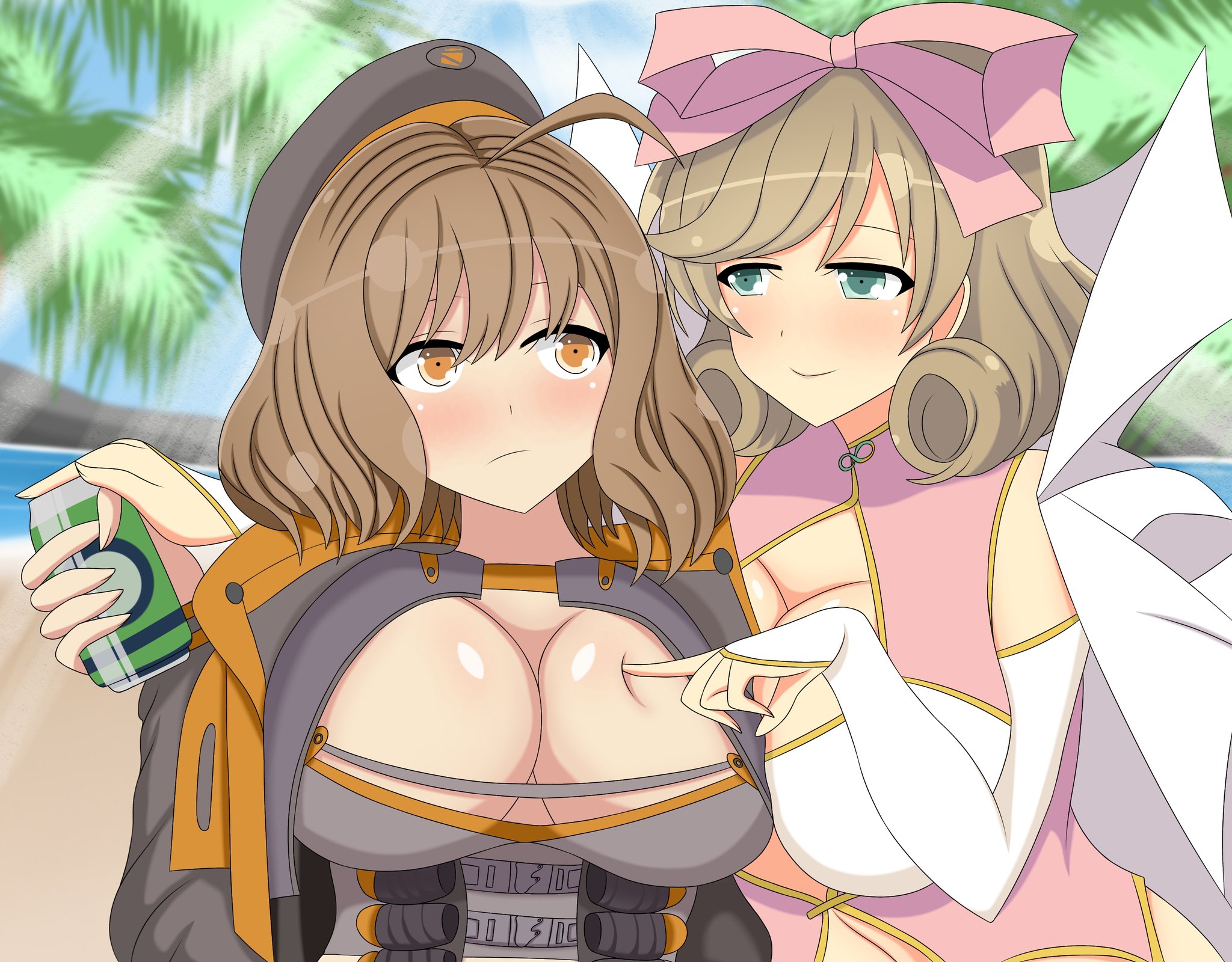 crimson scar, anis (nikke), haruka (senran kagura), goddess of victory: nikke, senran kagura, 2girls, blush, breasts, brown eyes, brown hair, can, cleavage, coat, crossover, drink can, elbow gloves, gloves, green eyes, hair ribbon, hat, large breasts, long sleeves, medium hair, multiple girls, palm tree, ribbon, short hair, soda can, sunlight, tree, yuri