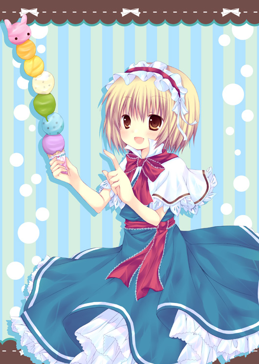 mizuse ruka, alice margatroid, touhou, bad id, bad pixiv id, 1girl, blonde hair, female focus, food, hairband, ice cream, ice cream cone, multiple scoops, open mouth, short hair, solo, too many, too many scoops, yellow eyes