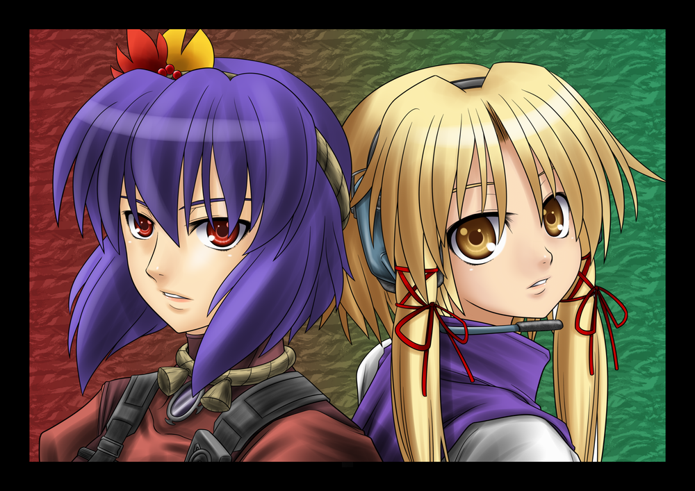 five-seven (0verlimits), moriya suwako, yasaka kanako, metal gear (series), metal gear solid, touhou, bad id, bad pixiv id, 2girls, blonde hair, female focus, hair ornament, hair ribbon, leaf, leaf hair ornament, multiple girls, purple hair, red eyes, ribbon, yellow eyes