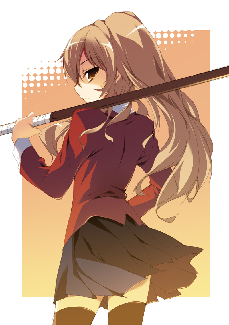 amanooni touri, aisaka taiga, toradora!, bad id, bad pixiv id, 00s, back, bokken, brown eyes, brown hair, from behind, hand on own hip, hip focus, long hair, looking back, pleated skirt, school uniform, simple background, skirt, solo, sword, thighhighs, weapon, wooden sword, zettai ryouiki