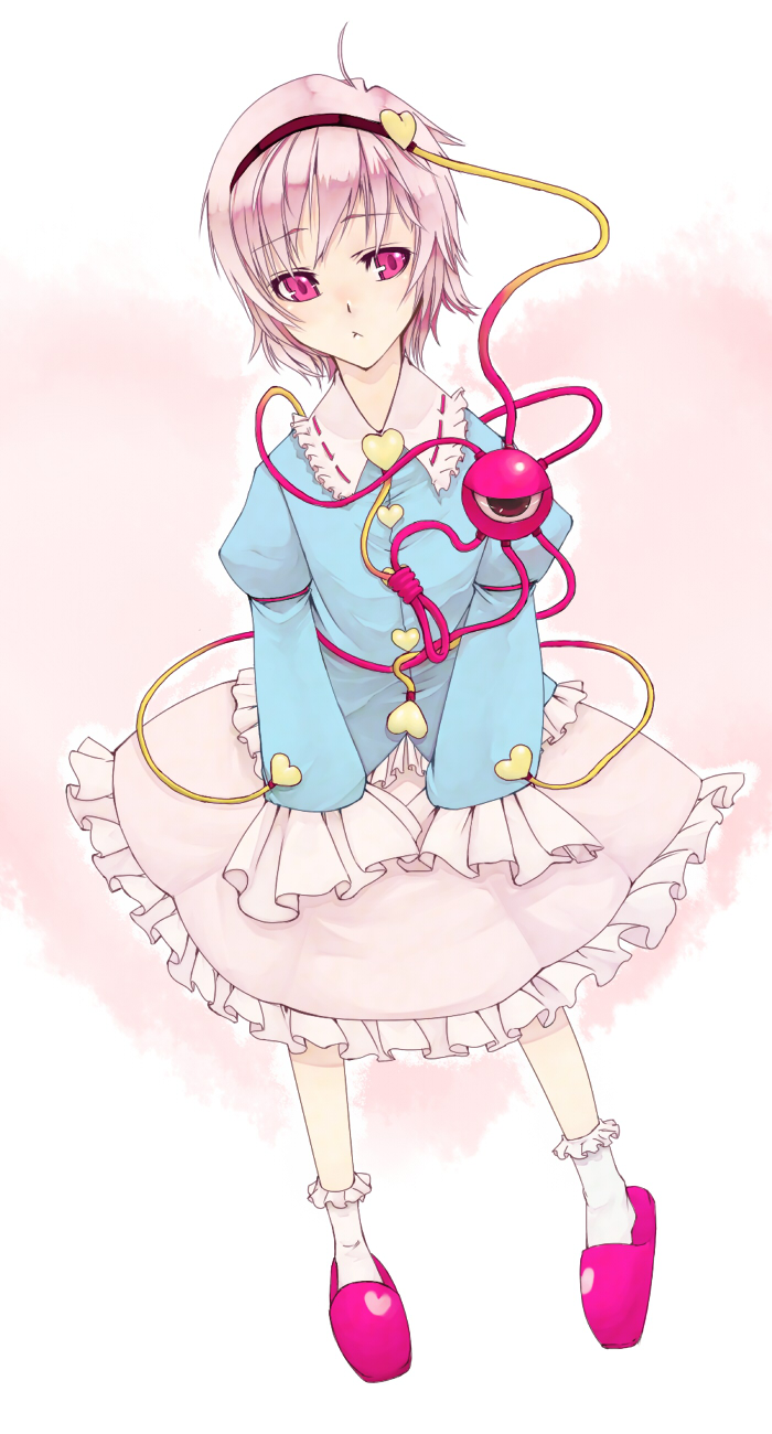 kurokuro, komeiji satori, touhou, bad id, bad pixiv id, highres, 1girl, :<, female focus, full body, hairband, heart, pink eyes, pink hair, short hair, solo