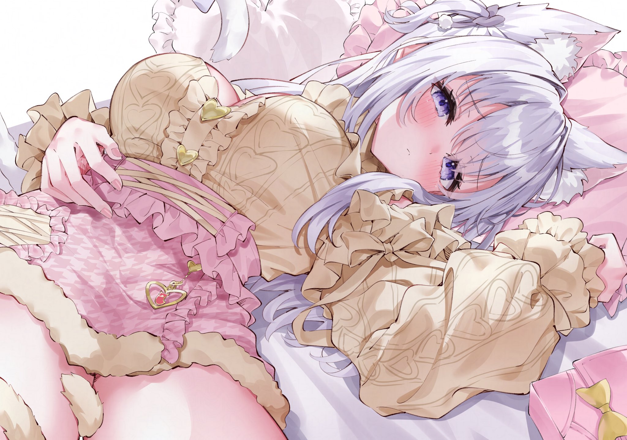 naito mare (vtuber), indie virtual youtuber, artist request, commentary request, highres, second-party source, 1girl, animal ear fluff, animal ears, blush, breasts, cable knit, cat ears, cat girl, cat tail, center frills, choppy bangs, closed mouth, cowboy shot, fingernails, frilled shirt, frilled skirt, frills, grey hair, hand up, head on pillow, large breasts, long hair, long sleeves, looking at viewer, lying, on back, one direction, pillow, pink skirt, purple eyes, shirt, shirt tucked in, skirt, solo, tail, virtual youtuber, yellow shirt