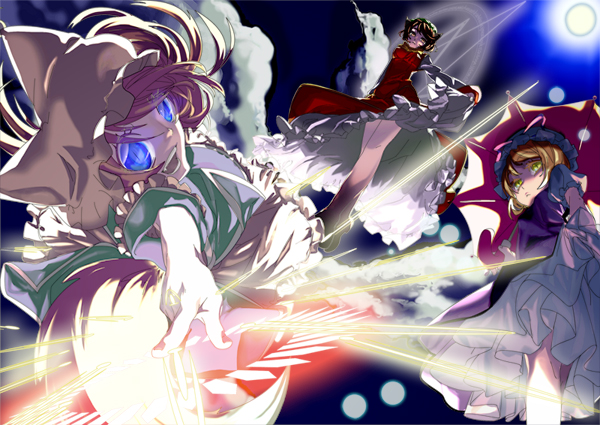 kaie, kaie (cahier), chen, yakumo ran, yakumo yukari, touhou, bad id, bad pixiv id, 3girls, animal ears, animal hat, battle, blonde hair, blue eyes, blush, cat ears, cat girl, female focus, hat, long hair, long sleeves, looking at viewer, magic, mob cap, multiple girls, open mouth, red hair, shaded face, short hair, tassel, umbrella, very long hair