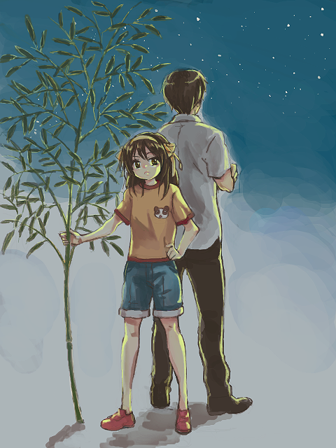 cika, kyon, suzumiya haruhi, suzumiya haruhi (young), suzumiya haruhi no yuuutsu, bad id, bad pixiv id, 00s, 1boy, 1girl, age difference, aged down, back-to-back, bamboo, blouse, brown eyes, brown hair, casual, denim, denim shorts, hairband, height difference, leaf, long hair, night, orange shirt, school uniform, shirt, shorts, tanabata, white shirt