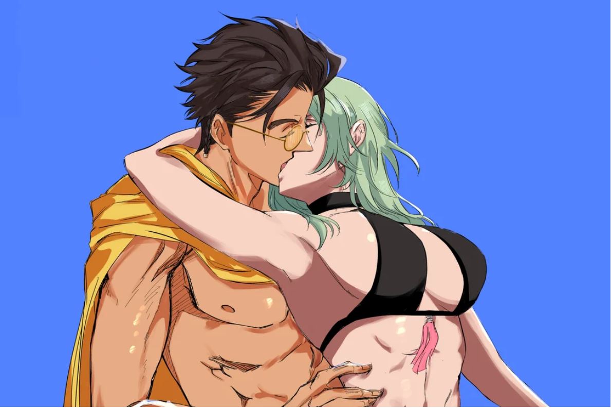claude von riegan, claude von riegan (summer), female byleth (fire emblem), female byleth (summer) (fire emblem), fire emblem, fire emblem: three houses, nintendo, abcheeks, bikini, black bikini, brown hair, green hair, swimsuit