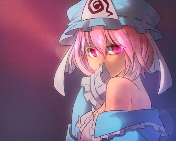 kotetu, tsurusaki yuu, saigyouji yuyuko, touhou, 1girl, bare shoulders, female focus, gradient background, hat, looking back, naughty face, pink hair, short hair, smile, solo, upper body
