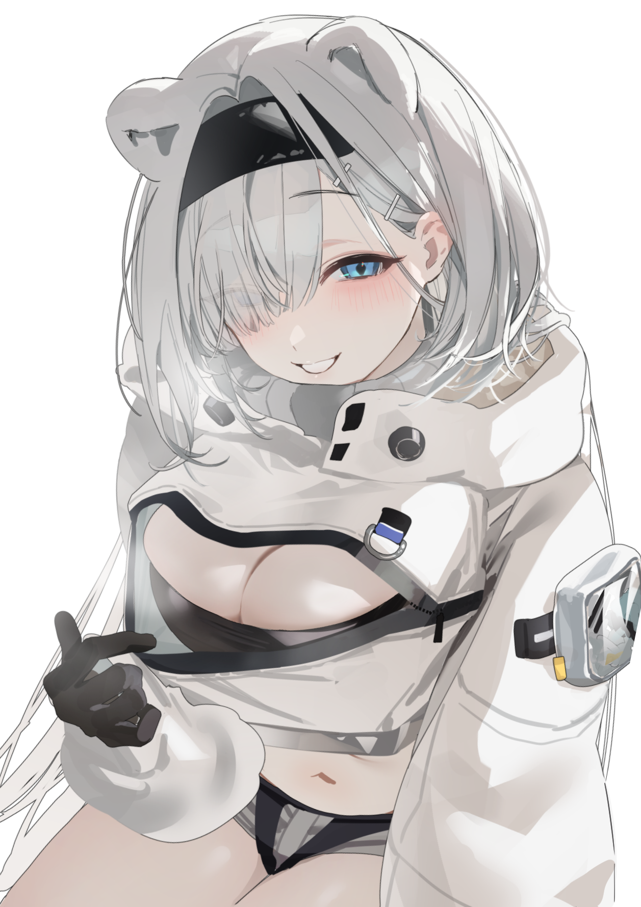 okometu b, aurora (arknights), arknights, commentary request, highres, 1girl, animal ears, bear ears, bear girl, between breasts, black gloves, black hairband, blue eyes, breasts, gloves, grey hair, grin, hair ornament, hairband, hairclip, head between breasts, long sleeves, looking at viewer, midriff, navel, shorts, simple background, smile, solo, trembling, white background, zipper