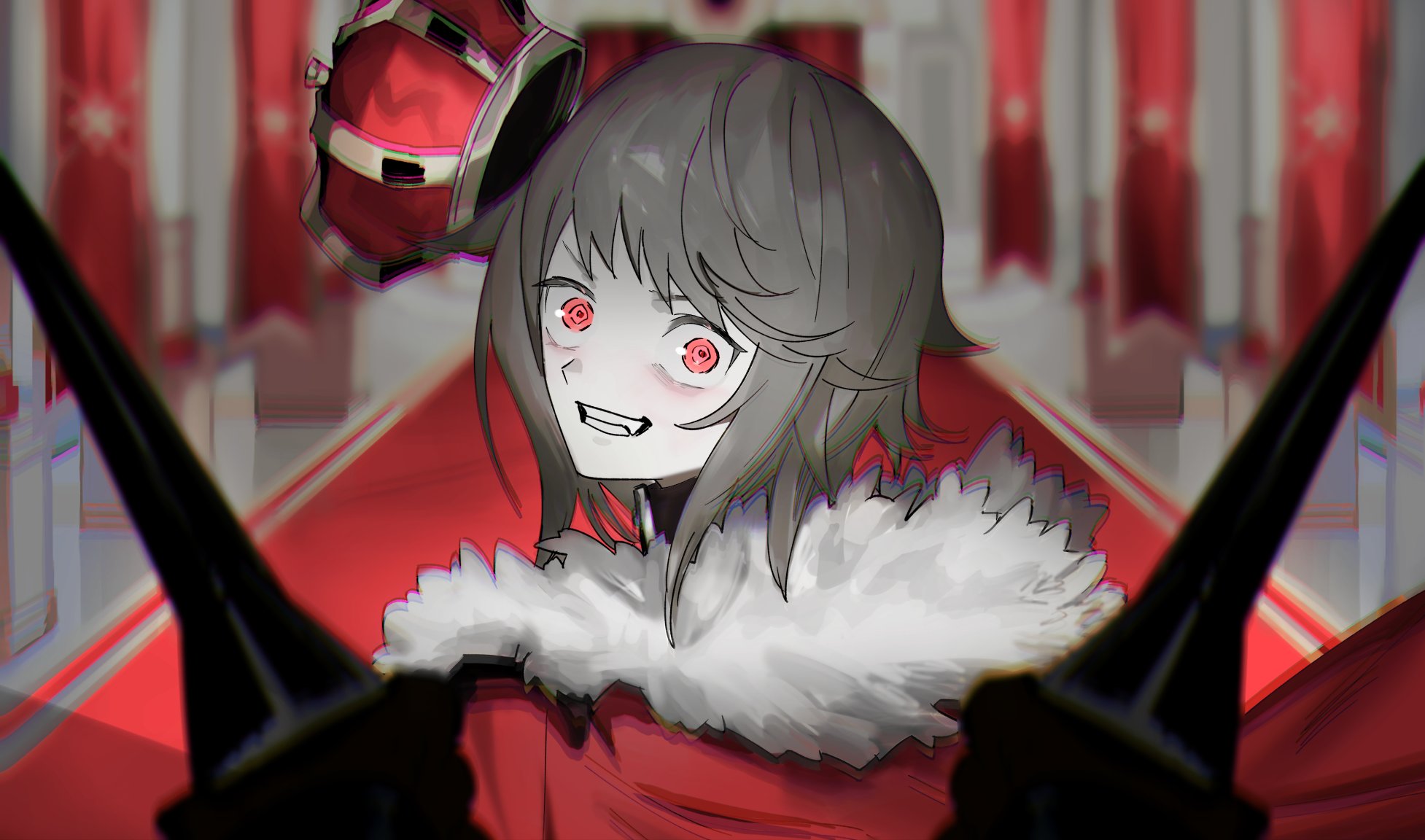 soyaka, gumi, king (vocaloid), vocaloid, commentary request, highres, 1girl, blurry, blurry background, cape, chromatic aberration, crazy eyes, crazy grin, crazy smile, crown, fur-trimmed cape, fur trim, grey hair, grin, looking back, medium hair, red cape, red eyes, smile, solo, unworn crown