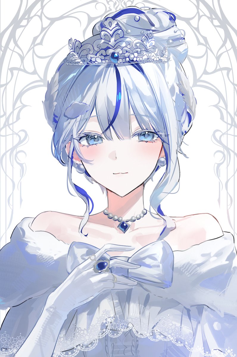 chaerom, aokumo rin, stellive, commentary, highres, symbol-only commentary, 1girl, bare shoulders, blue eyes, blue gemstone, blue hair, closed mouth, cloud hair ornament, dress, earrings, elbow gloves, gem, gloves, grey hair, hand up, jewelry, long hair, looking at viewer, multicolored hair, necklace, smile, solo, streaked hair, tiara, upper body, virtual youtuber, white dress, white gloves