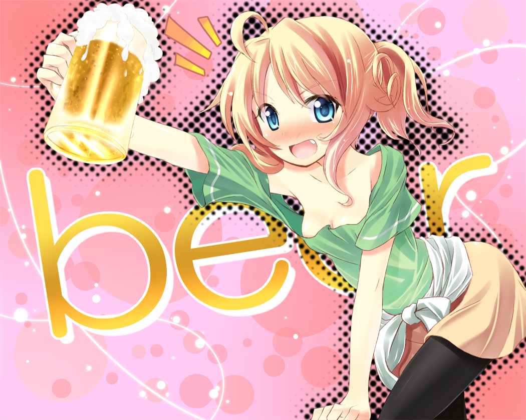 komone ushio, esia mariveninne (komone ushio), original, bad id, bad pixiv id, 1girl, :d, ahoge, alcohol, beer, black pantyhose, blonde hair, blue eyes, blush, downblouse, drunk, fang, female focus, looking at viewer, open mouth, pantyhose, short hair, skirt, smile, solo