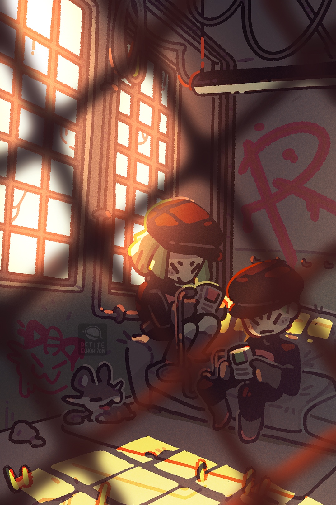 petite echorizon, meowth, rattata, team rocket grunt, nintendo, pokemon, commentary, english commentary, highres, 1boy, 1girl, buck teeth, chain-link fence, fence, game boy, game boy (original), game link cable, gen 1 pokemon, graffiti, green hair, handheld game console, holding, holding handheld game console, indoors, logo, mouse (animal), playing games, pokemon (creature), team rocket, team rocket uniform, teeth