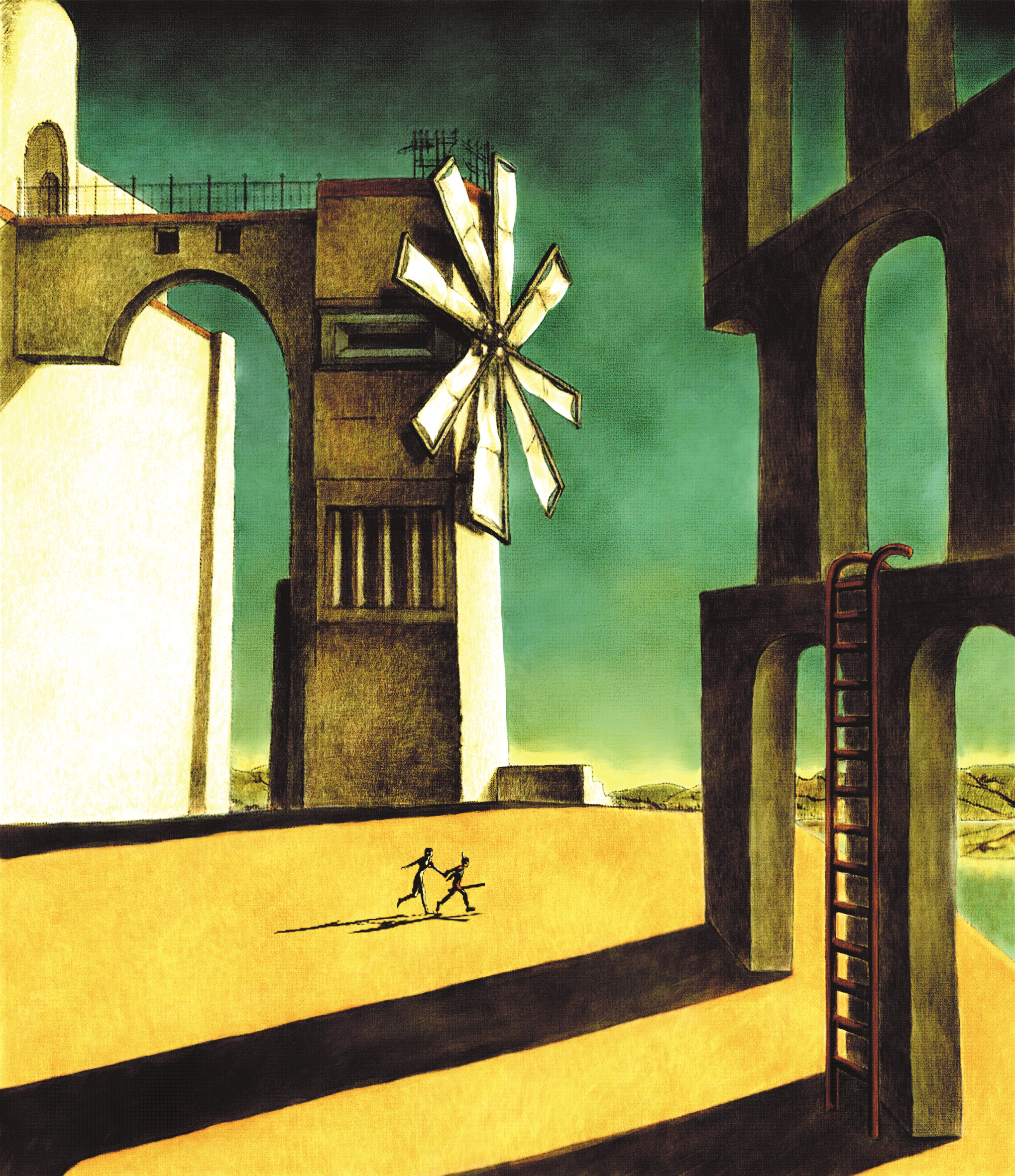 ueda fumito, ico (character), yorda, ico, the nostalgia of the infinite, highres, official art, 1boy, 1girl, arch, architecture, cover, fine art parody, parody, style parody, surcoat, video game cover, windmill