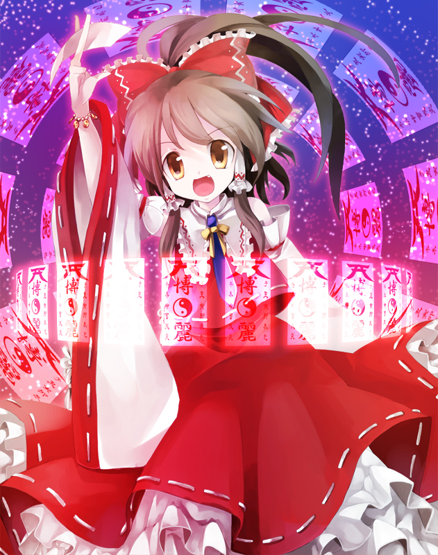 ringpearl, hakurei reimu, subterranean animism, touhou, bad id, bad pixiv id, 1girl, bow, brown eyes, brown hair, danmaku, detached sleeves, fang, female focus, japanese clothes, miko, short hair, solo