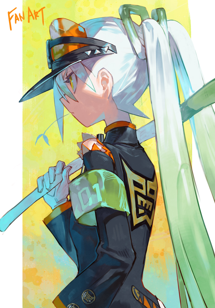 hungry clicker, fighting miku (project voltage), hatsune miku, nintendo, pokemon, project voltage, vocaloid, 1girl, armband, closed mouth, from side, gloves, gradient hair, green armband, green hair, hair between eyes, hat, holding, long hair, long sleeves, mouth hold, multicolored hair, profile, simple background, solo, spring onion, stalk in mouth, twintails, very long hair, visor cap, white gloves, white hair