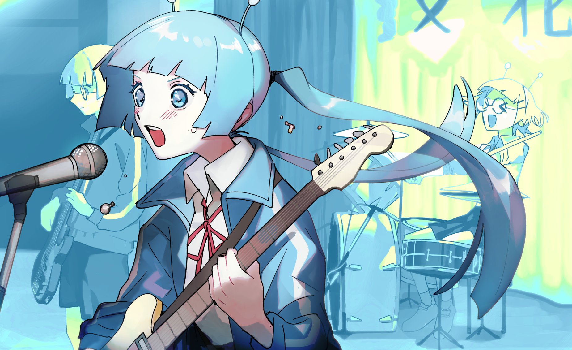 soyaka, hatsune miku, vocaloid, commentary request, highres, > <, 3girls, antennae, band (music), blue eyes, blue hair, blue jacket, blunt bangs, curtains, drum, drum set, electric guitar, glasses, guitar, instrument, jacket, long hair, mizuiro shinryaku (vocaloid), multiple girls, music, opaque glasses, open mouth, playing instrument, short hair, shorts, smile, sweatdrop, twintails